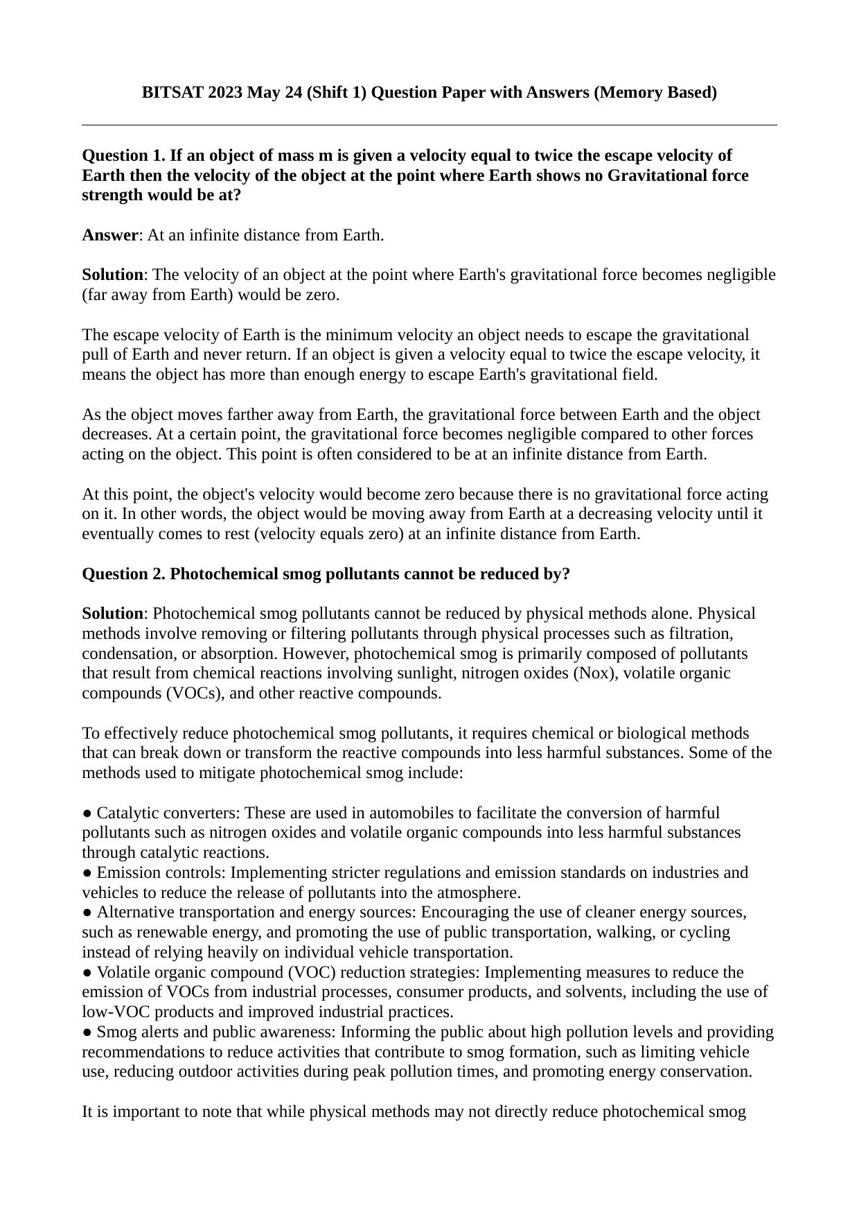 BITSAT Shift 1 (24 May, 2023) Question Paper 2023 Question Paper - Page 1
