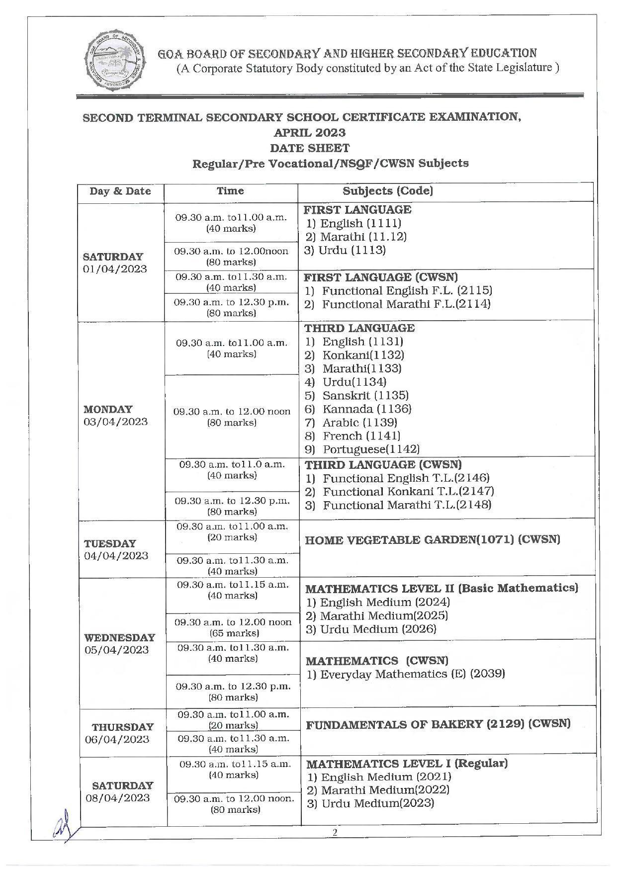 Goa SSC Time Table 2023 for 2nd Term April-2023 Exam - Page 2