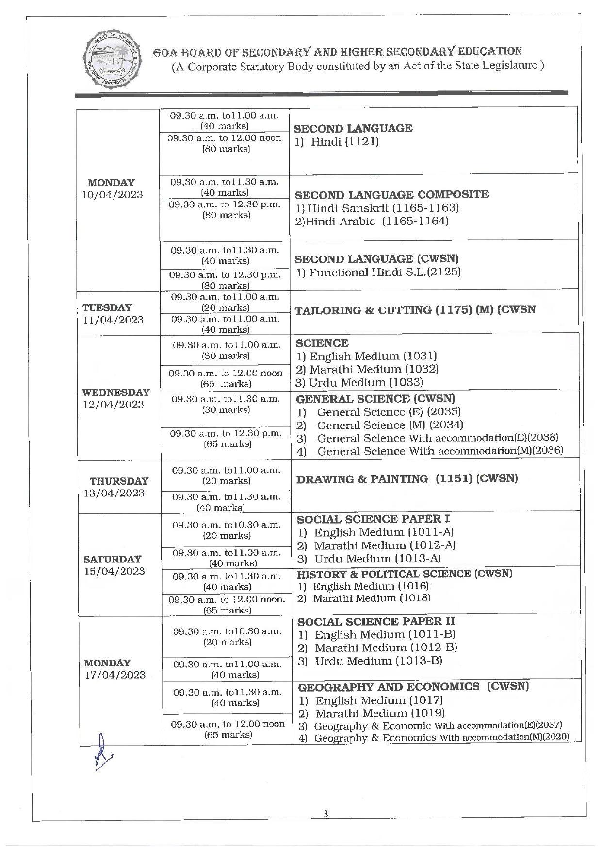 Goa SSC Time Table 2023 for 2nd Term April-2023 Exam - Page 3