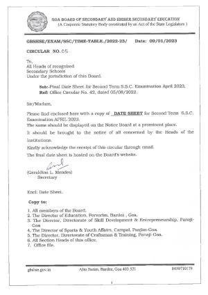 Goa SSC Time Table 2023 for 2nd Term April-2023 Exam