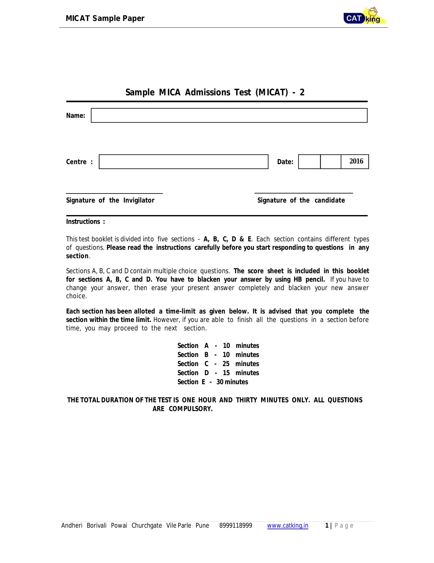 MICAT Sample Questions 201617 IndCareer Docs