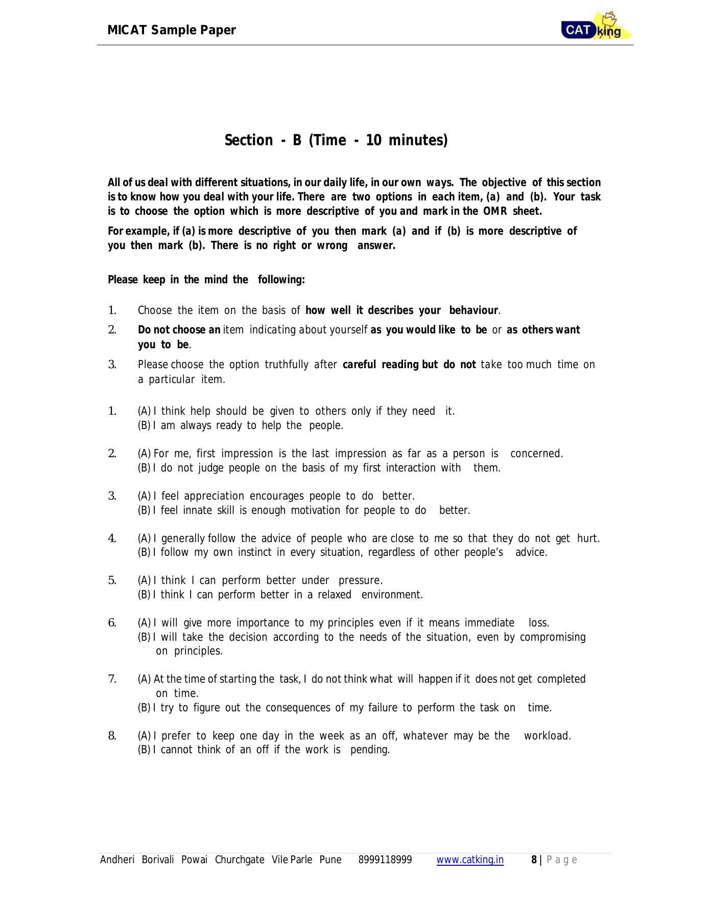 MICAT Sample Questions 2016-17 - Page 8