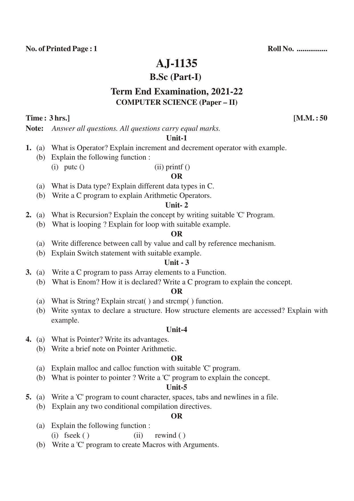 Bilaspur University Question Paper 2021-2022: B. SC. Part -I (Maths- Group) Computer Science Paper 2 - Page 1