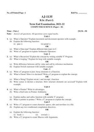 Bilaspur University Question Paper 2021-2022: B. SC. Part -I (Maths- Group) Computer Science Paper 2