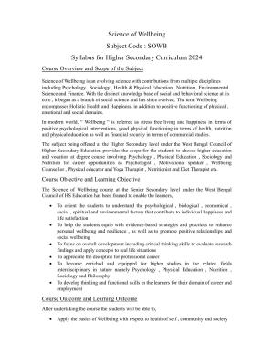 WBCHSE Class 11 & 12 Syllabus for Science of Well Being (SOWB) (SET II)