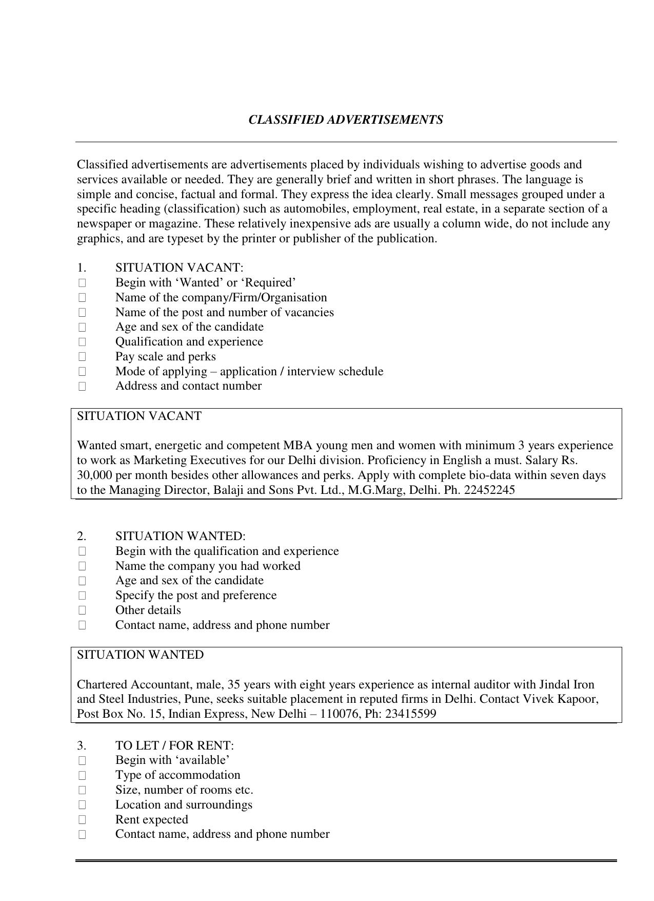 CBSE Worksheets for Class 11 English Classified Advertisements Assignment - Page 1