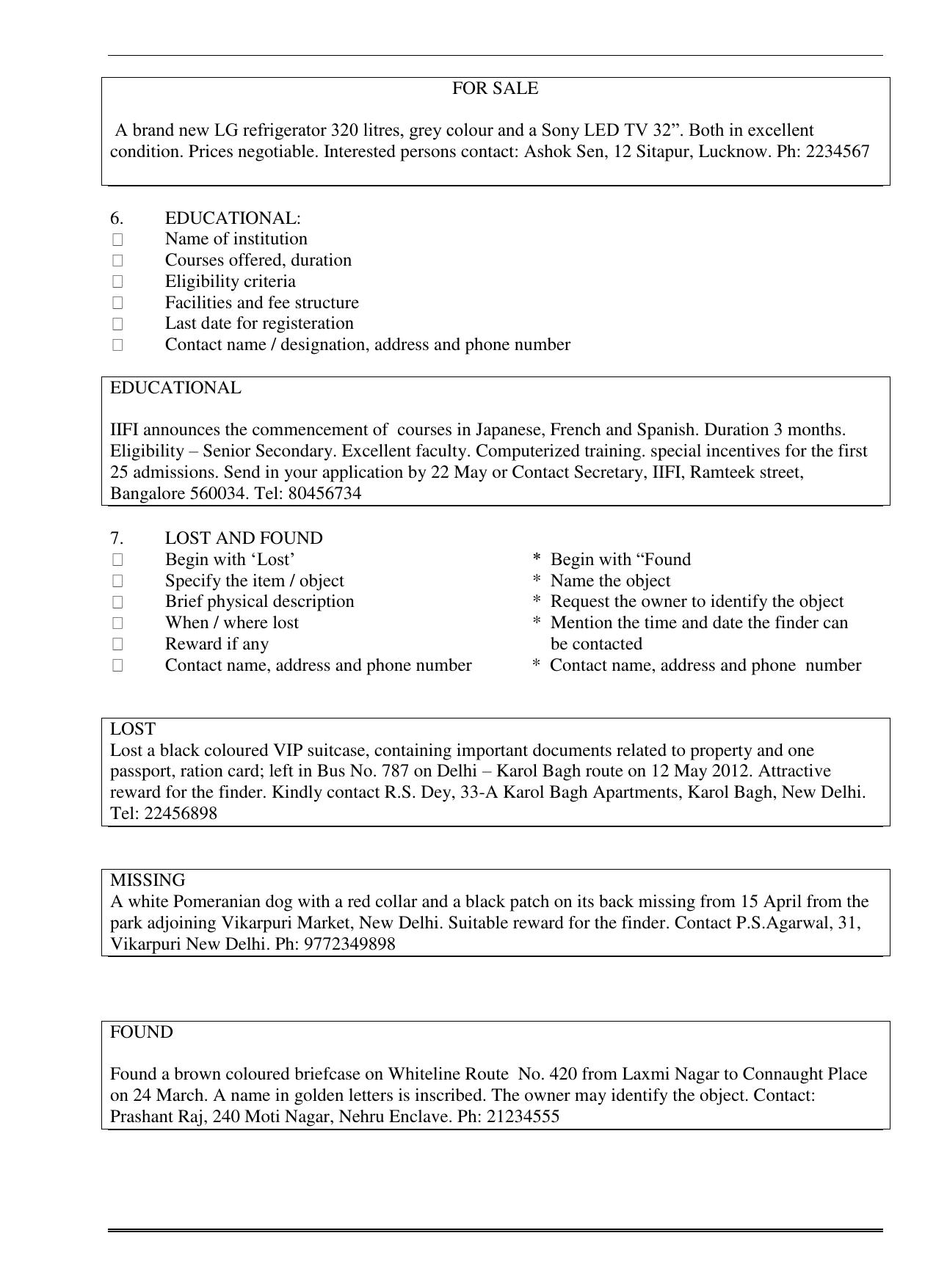 CBSE Worksheets for Class 11 English Classified Advertisements Assignment - Page 3
