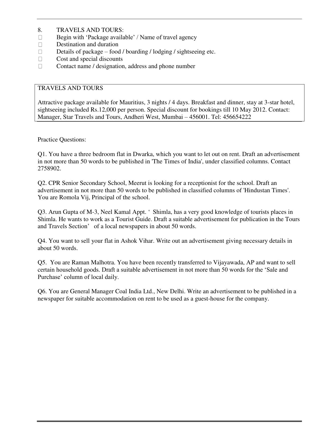 CBSE Worksheets for Class 11 English Classified Advertisements Assignment - Page 4