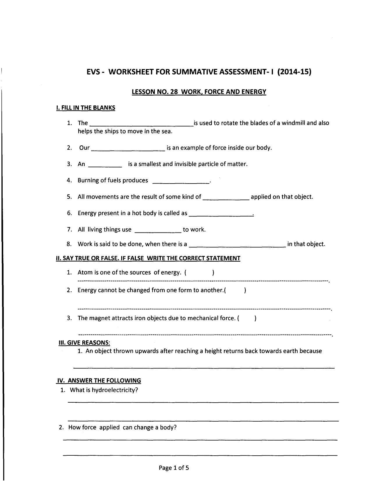 Worksheet for Class 4 Environmental Studies Work Force and Energy Assignment - Page 1