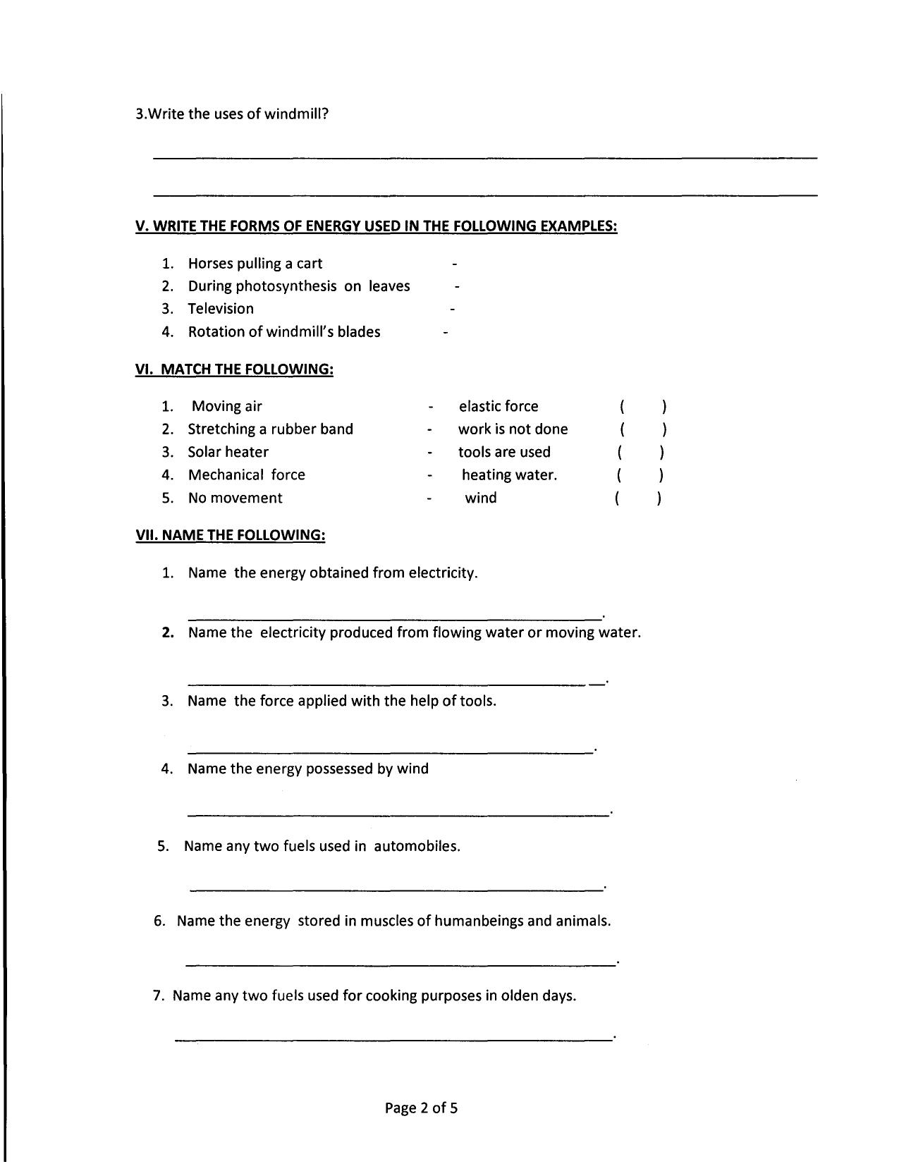Worksheet for Class 4 Environmental Studies Work Force and Energy Assignment - Page 2