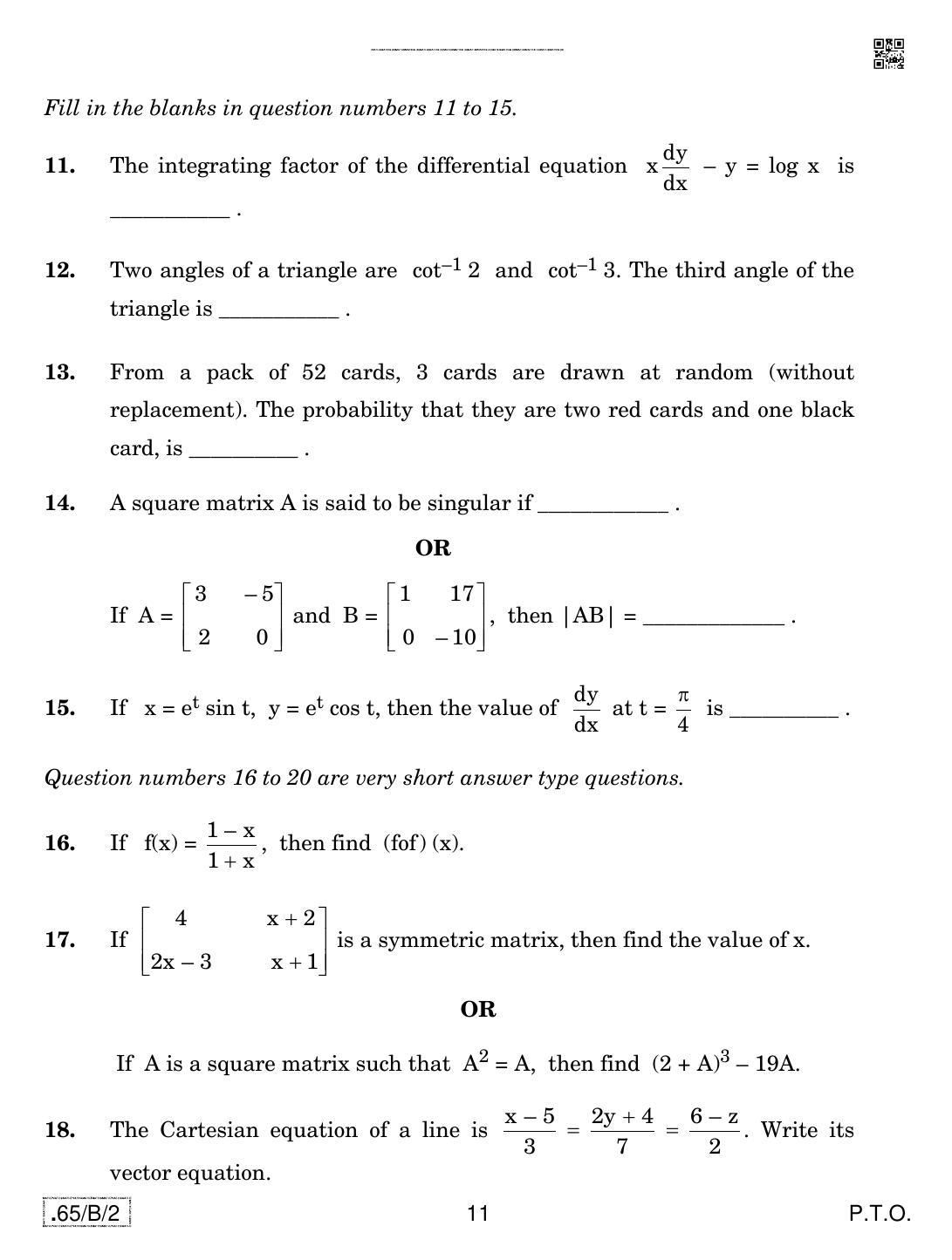 CBSE Class 12 65-C-2 - Mathematics 2020 Compartment Question Paper - Page 11