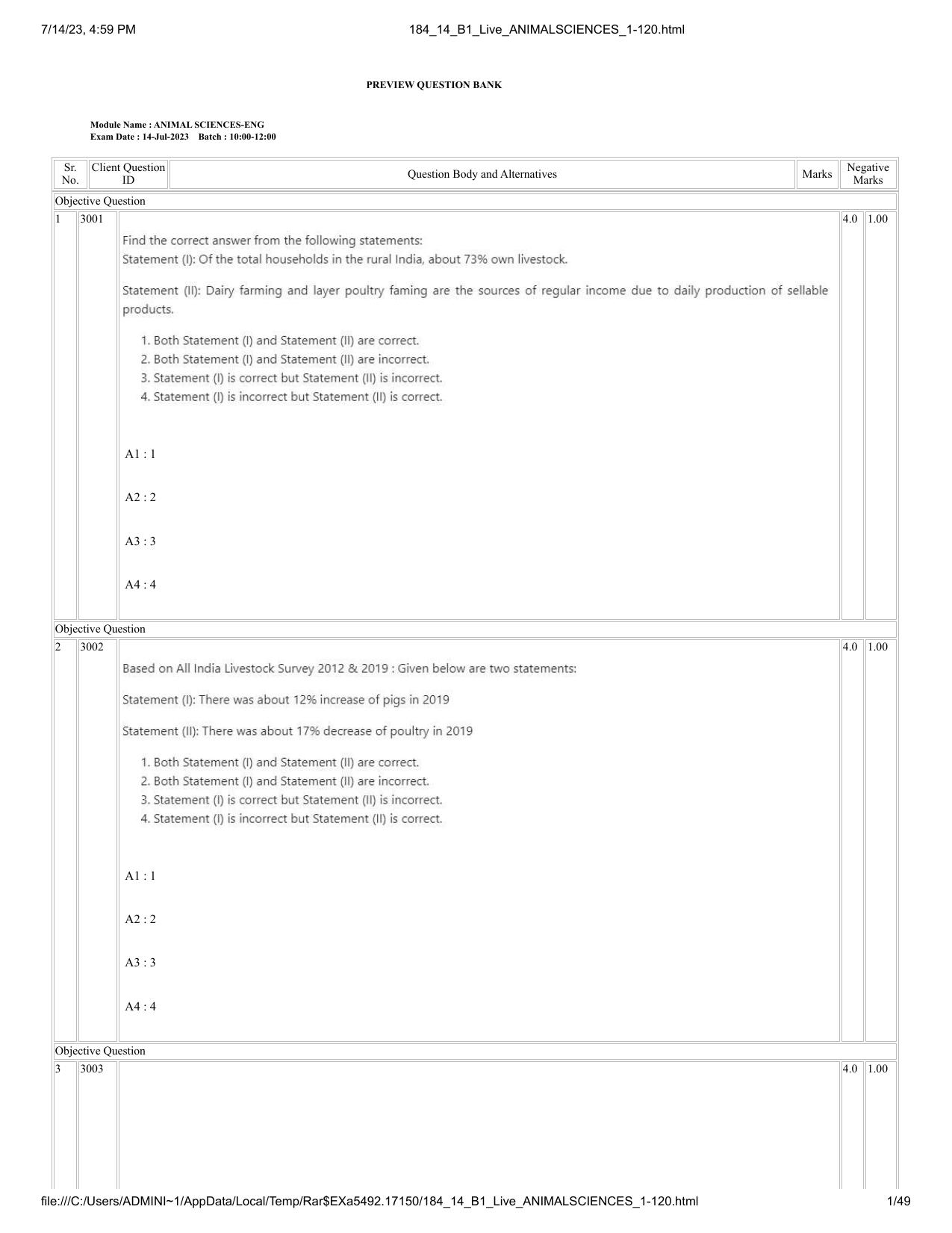 ICAR AIEEA PG 2023 ANIMAL SCIENCE Question Paper- 14 July 2023 - Page 1
