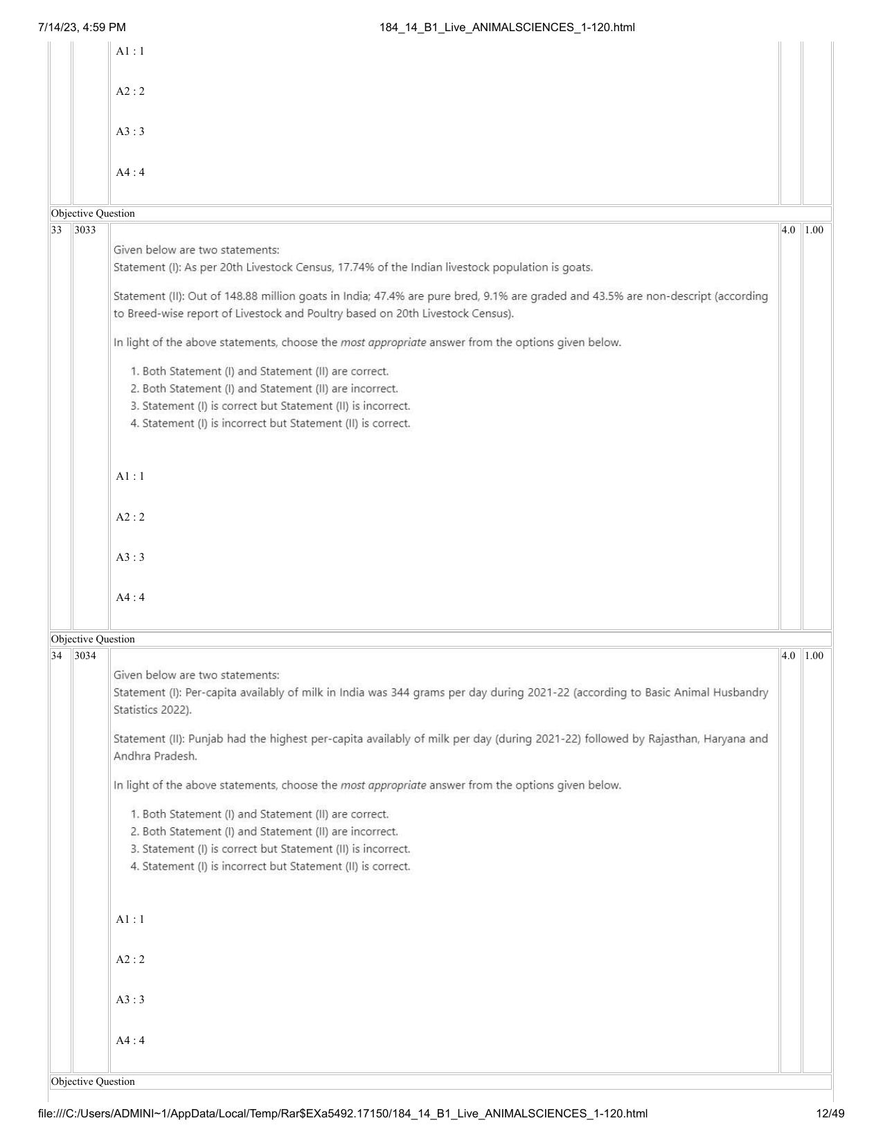 ICAR AIEEA PG 2023 ANIMAL SCIENCE Question Paper- 14 July 2023 - Page 12