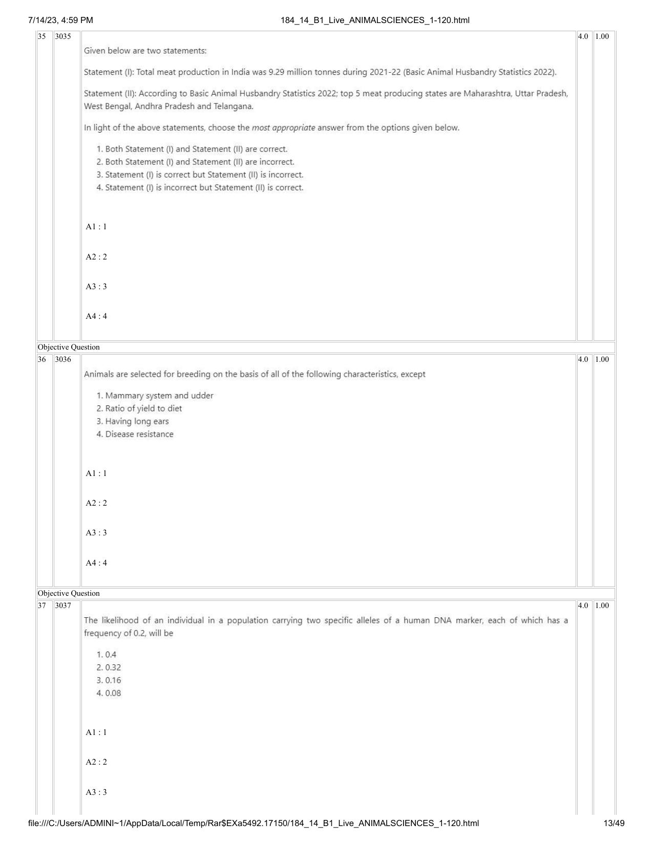ICAR AIEEA PG 2023 ANIMAL SCIENCE Question Paper- 14 July 2023 - Page 13
