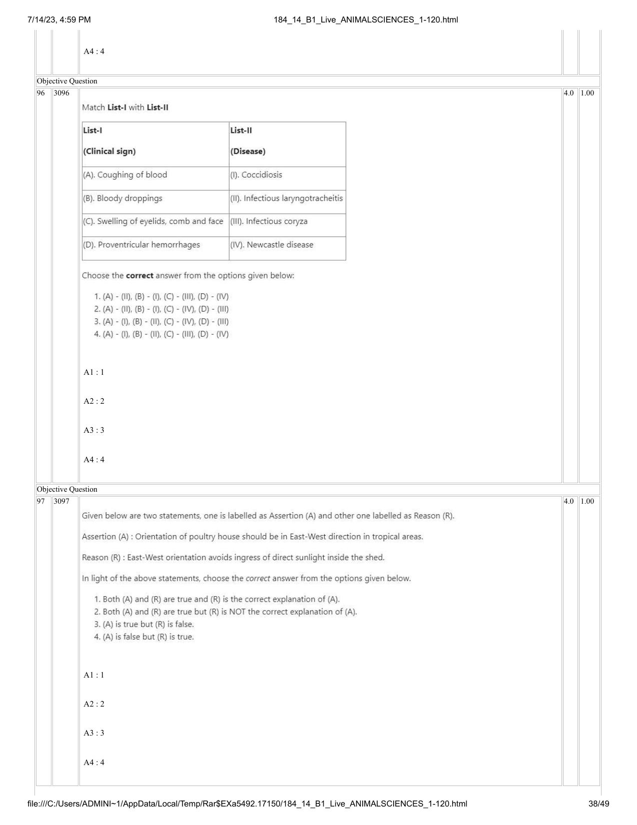 ICAR AIEEA PG 2023 ANIMAL SCIENCE Question Paper- 14 July 2023 - Page 38