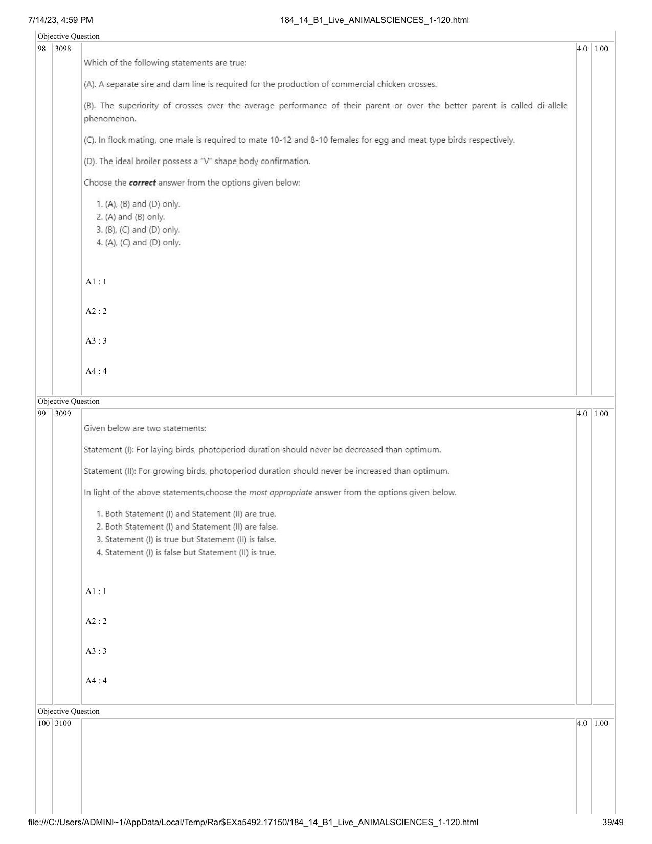 ICAR AIEEA PG 2023 ANIMAL SCIENCE Question Paper- 14 July 2023 - Page 39