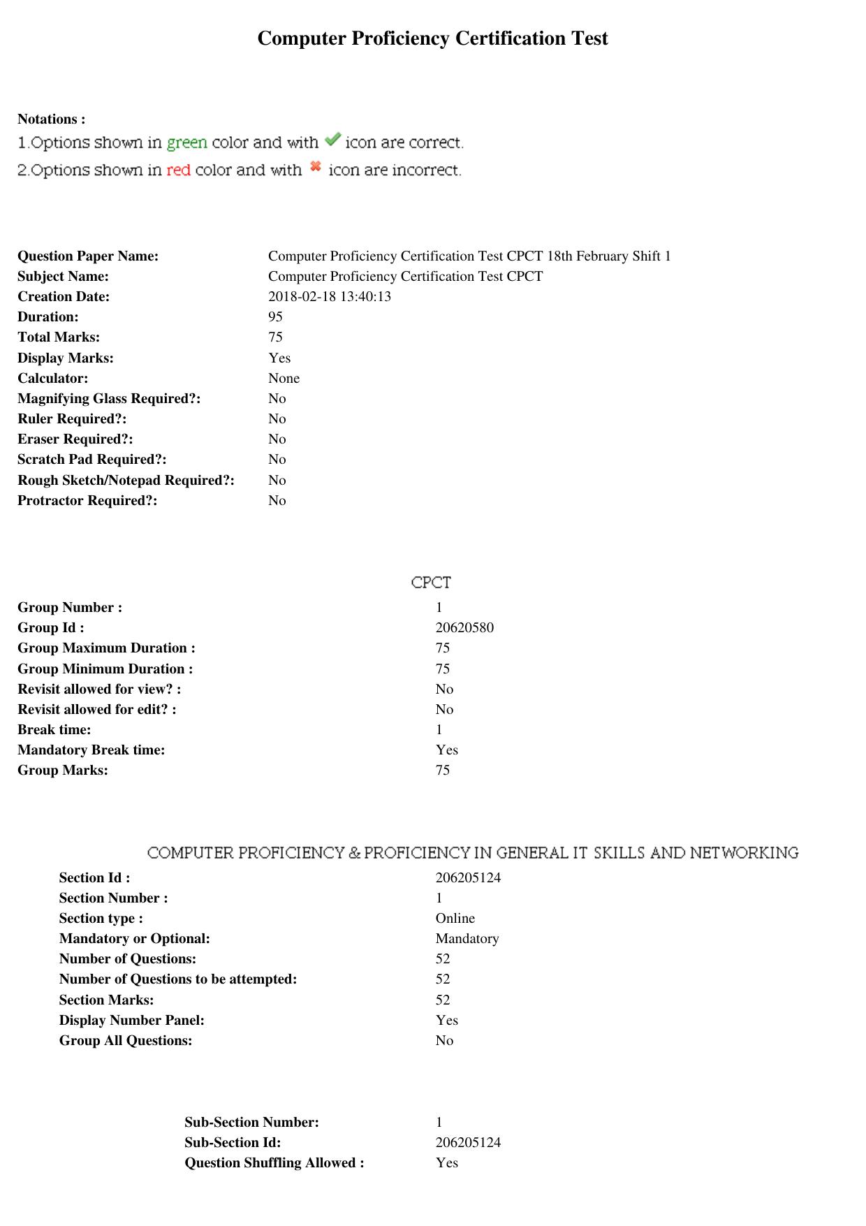 MP CPCT 18th February 2018 CPCT Question Paper Shift 1 - Page 1
