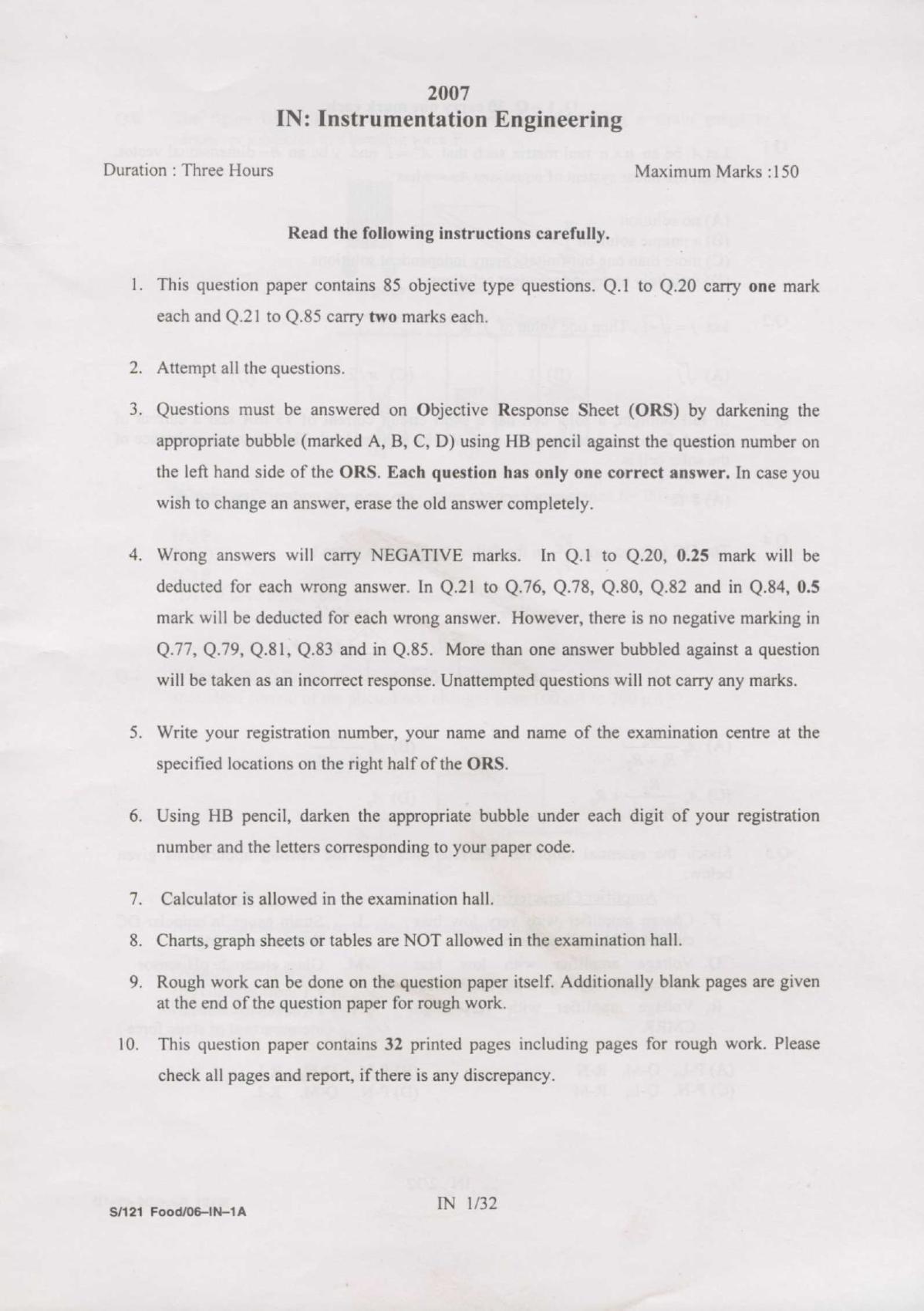 GATE 2007 Instrumentation Engineering (IN) Question Paper with Answer Key - Page 1
