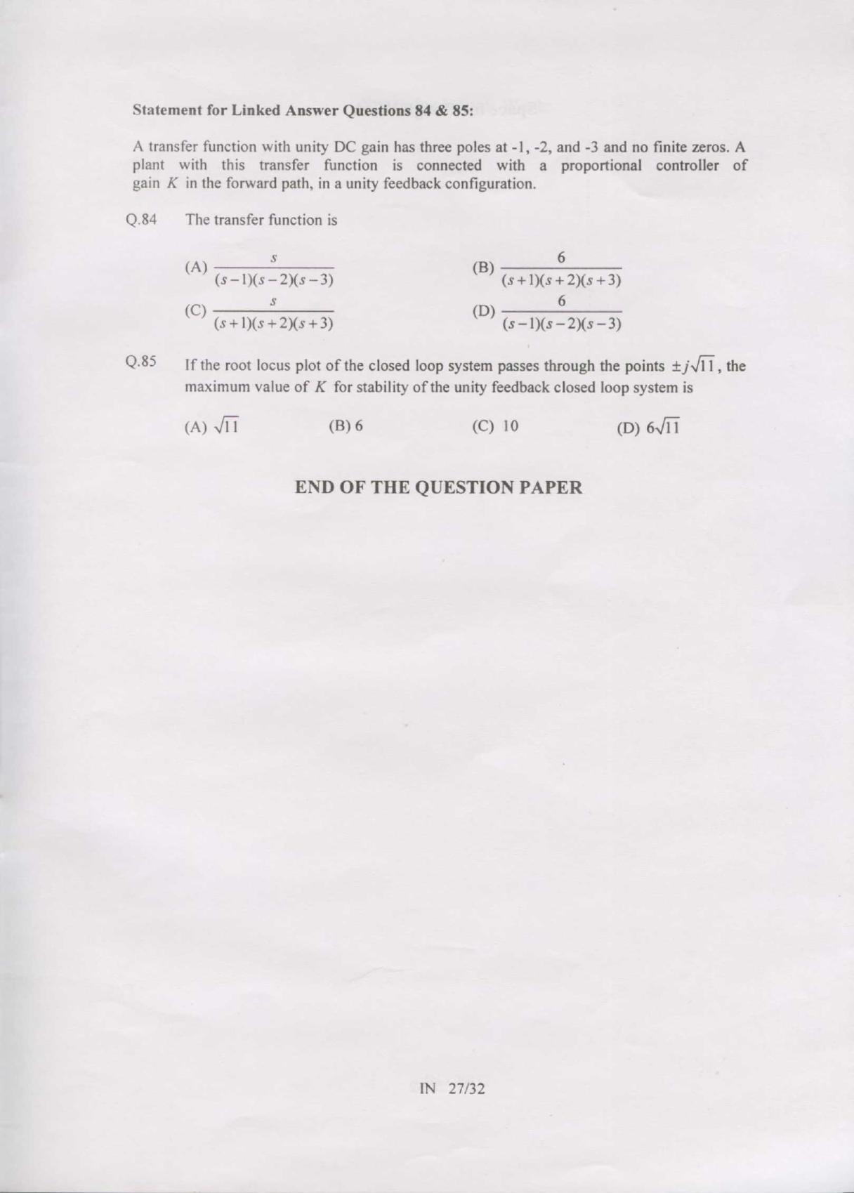 GATE 2007 Instrumentation Engineering (IN) Question Paper with Answer Key - Page 27