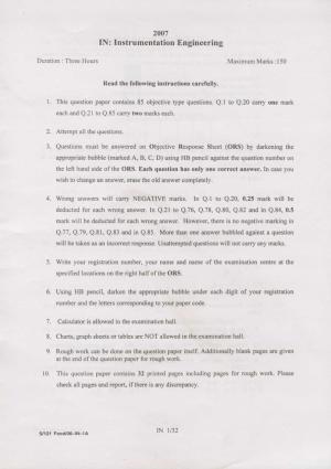 GATE 2007 Instrumentation Engineering (IN) Question Paper with Answer Key