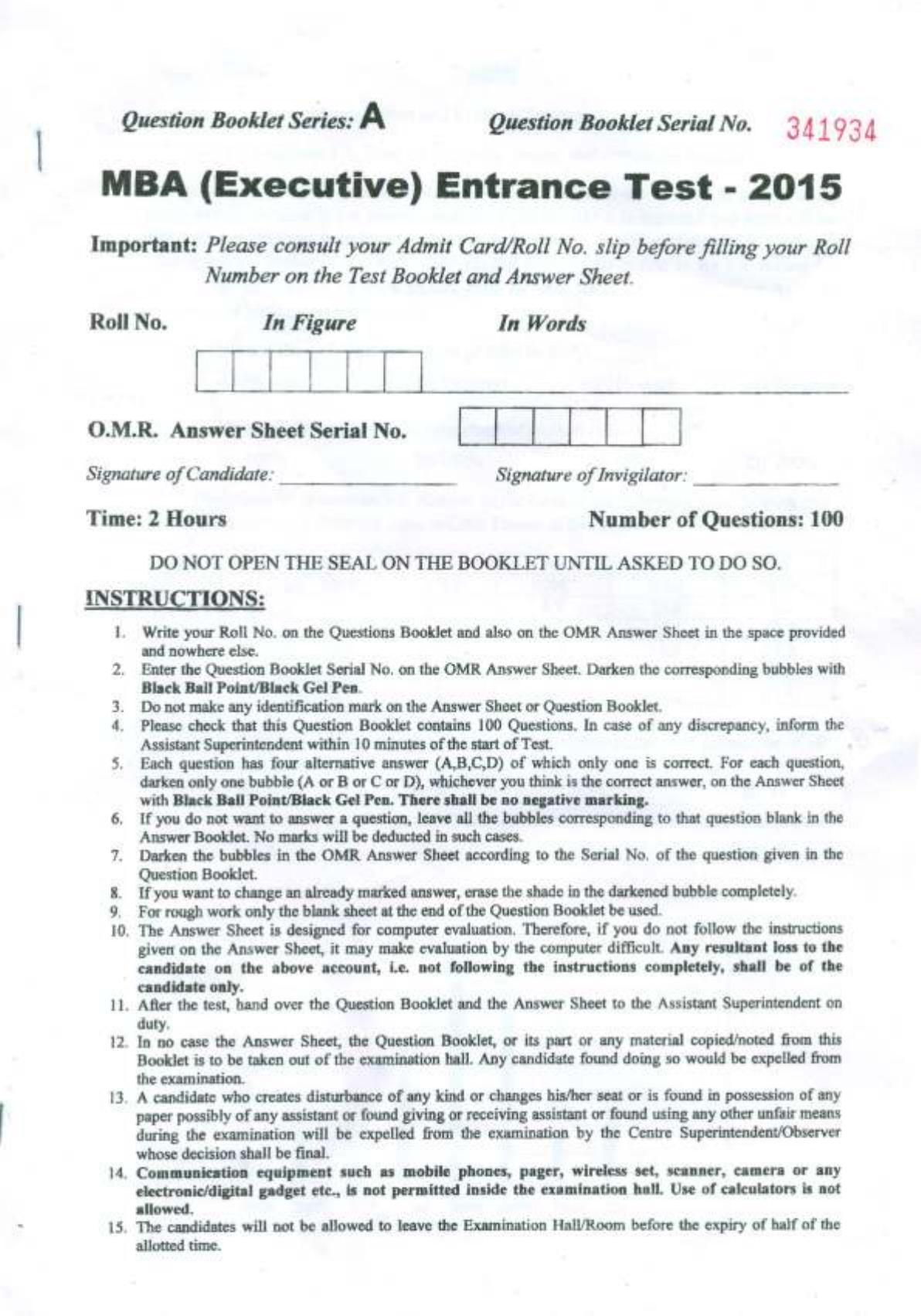 PU USOL MBA Entrance Exam 2015 Question Booklet - Page 1