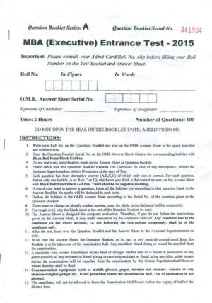 PU USOL MBA Entrance Exam 2015 Question Booklet