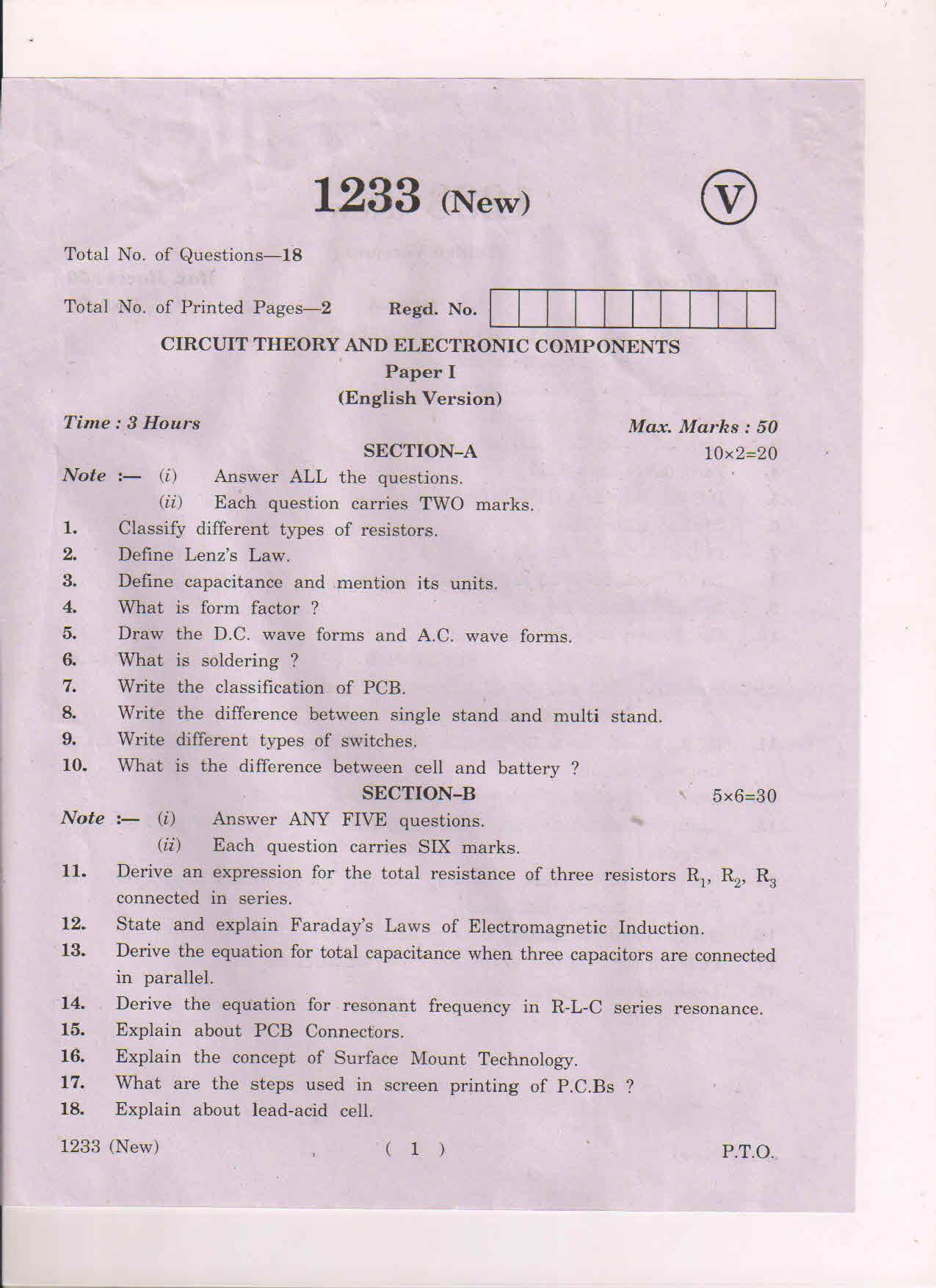 AP Inter 1st Year Circuit Thoery and Electronic Components-I (New) March-2019-Vocational Question Paper - Page 1