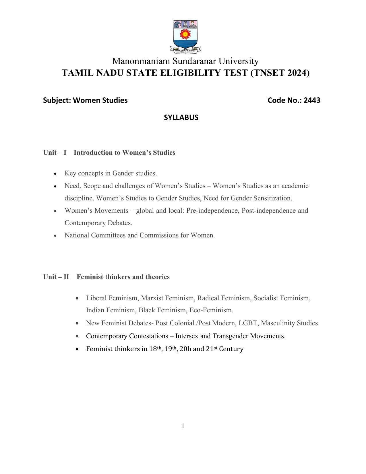 TNSET Syllabus - Women Studies - Page 1