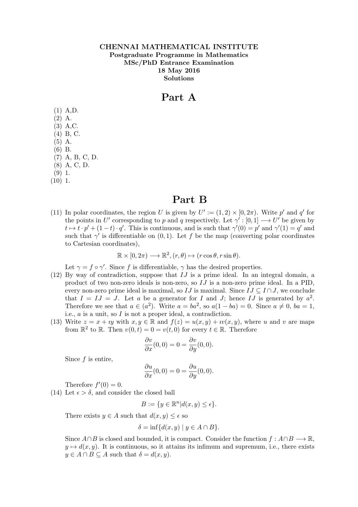 CMI Entrance Exam 2016 Solutions MSc/PhD Mathematics - Page 1