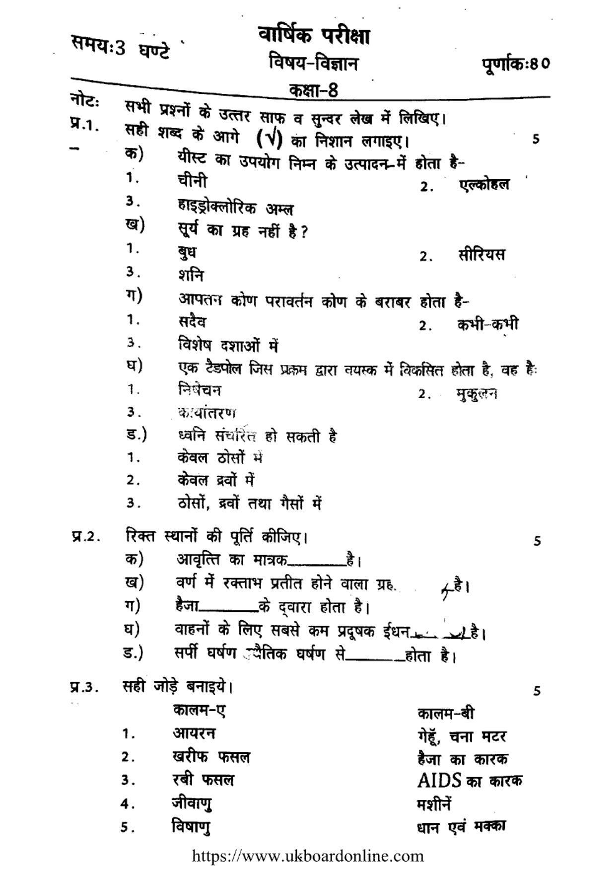 UBSE Class 8 SCIENCE 2021 Question Paper - Page 1