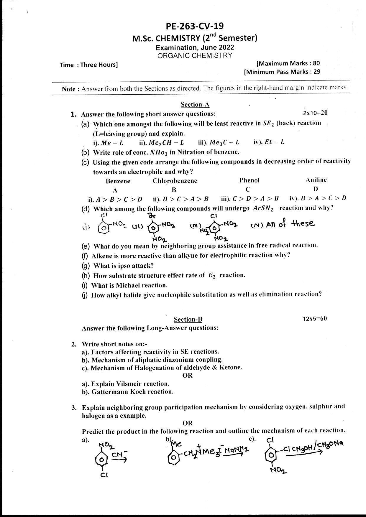 Bilaspur University Question Paper June 2022: M.Sc. Chemistry (Second Semester) Organic Chemistry Paper 1 - Page 1