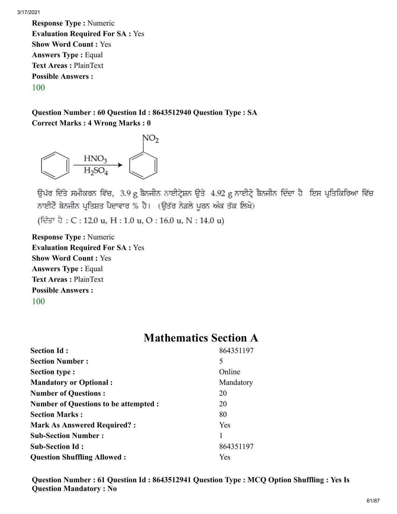 JEE Mains 2021: BTech EP (Shift 1) 17-03-2021 Question Paper - Page 61