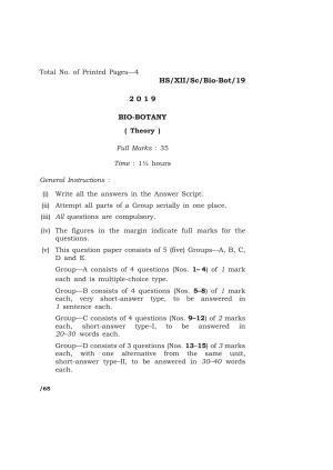 Meghalaya Board (MBOSE) Class 12 BIO-BOTANY ( Theory ) 2019 Question Paper