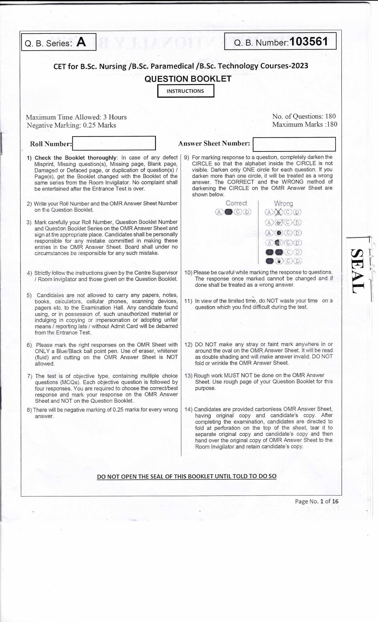 JKBOPEE B.Sc Nursing 2023 Question Papers - Page 1
