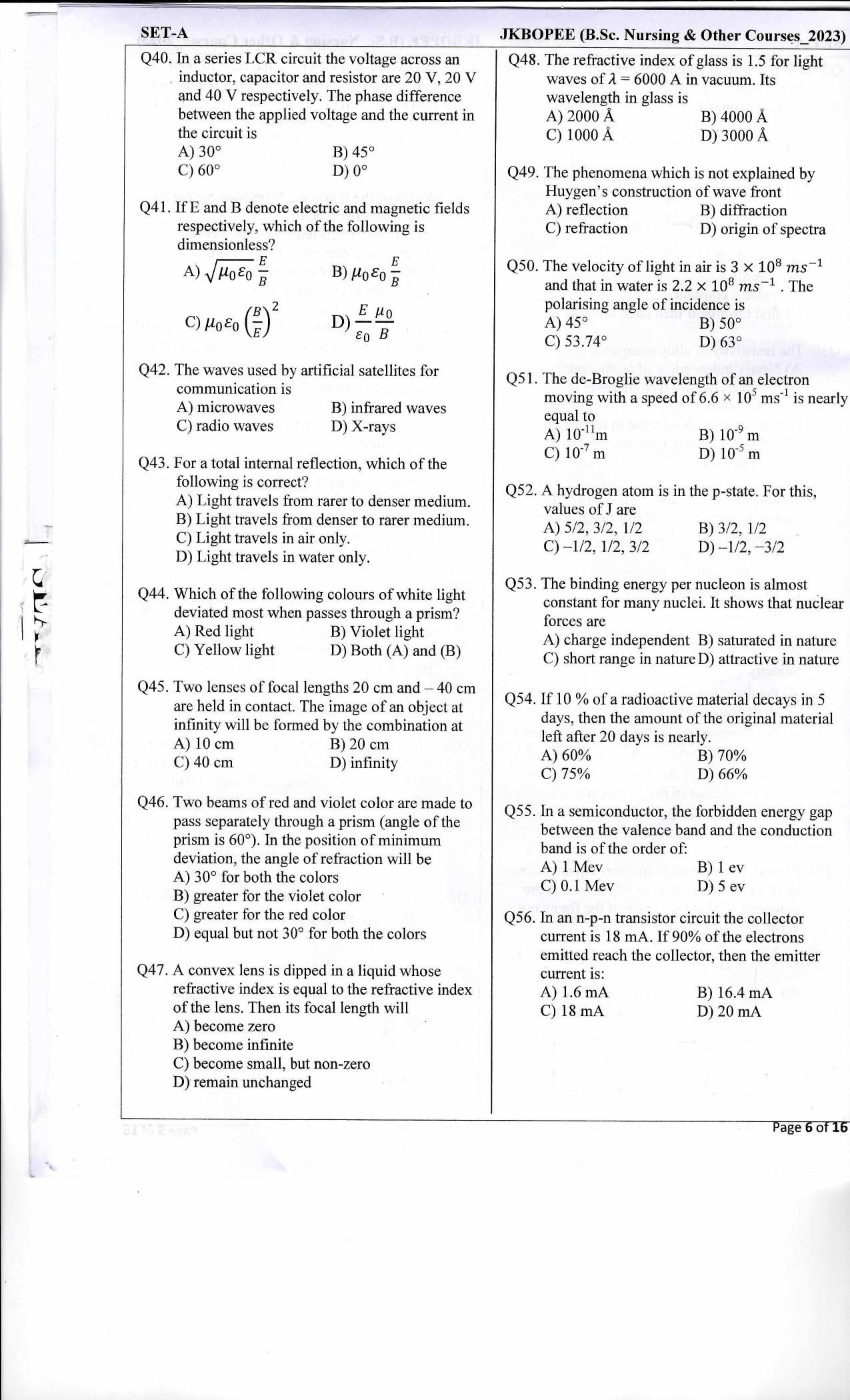 JKBOPEE B.Sc Nursing 2023 Question Papers - Page 5