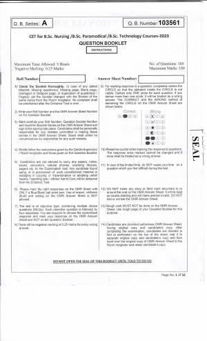 JKBOPEE B.Sc Nursing 2023 Question Papers