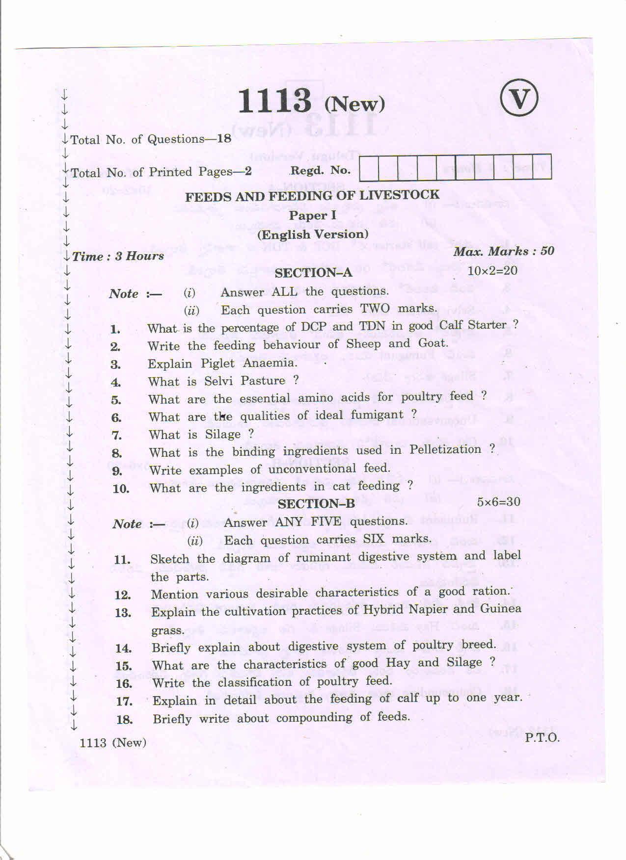 AP Inter 1st Year Feeds Feeding of Life stocks-I March-2020-Vocational Question Paper - Page 1