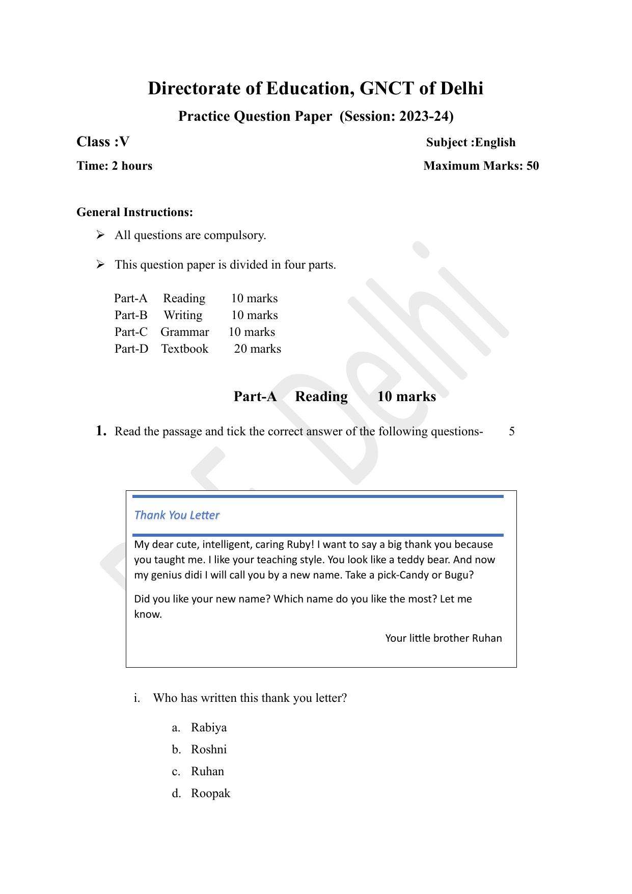 Edudel Class 5 English (2023-24) Practice Paper 2 - Page 1