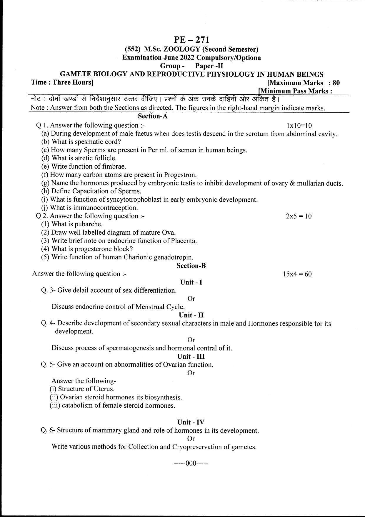 Bilaspur University Question Paper June 2022:M.Sc. Zoology (Second Semester) Gamete Biology And Reproductive Physiology In Human Beings Paper 1 - Page 1