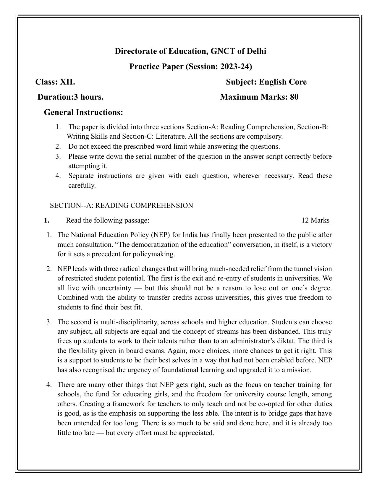 Edudel Class 12 English Practice Papers-1 (2023-24) - Page 1