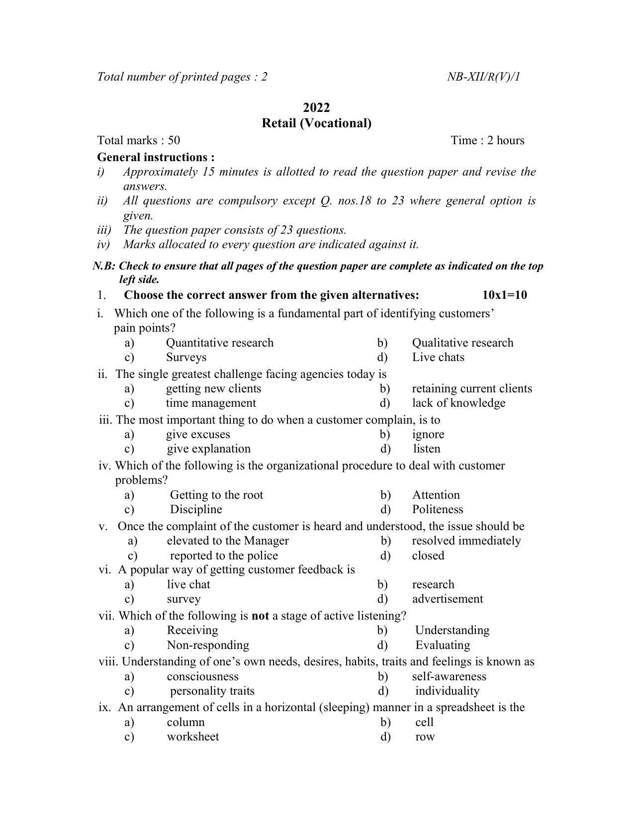 Nagaland Board Class 12 Retail 2022 Question Paper - Page 1