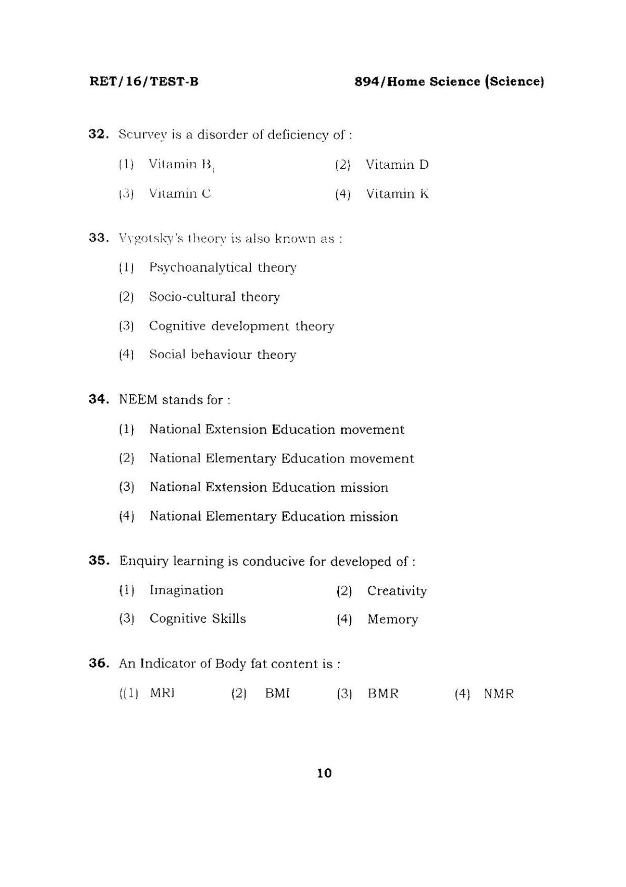 BHU RET HOME SCIENCE 2016 Question Paper - Page 10