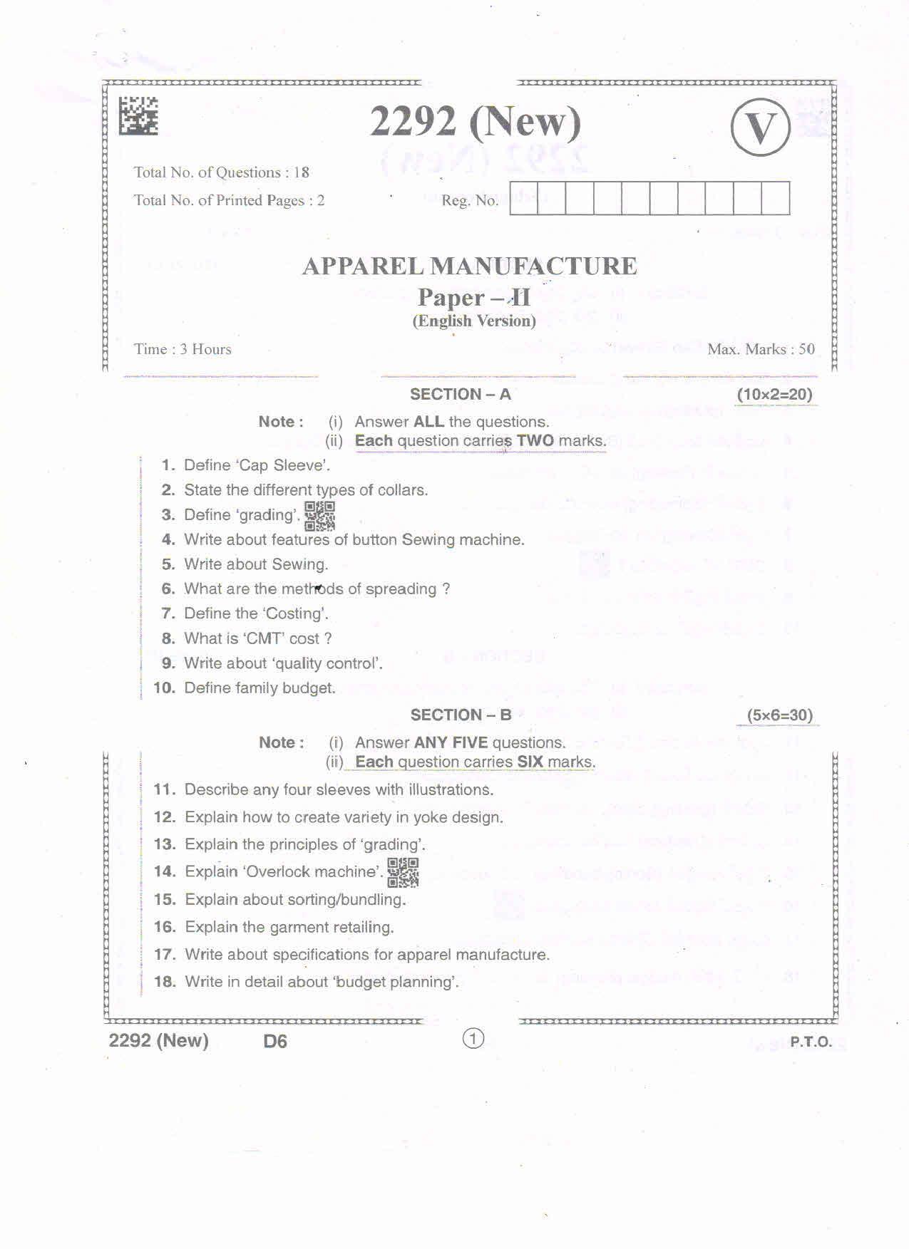 AP Intermediate 2nd Year Vocational Question Paper September-2021- Apparel_Manufacture-II - Page 1