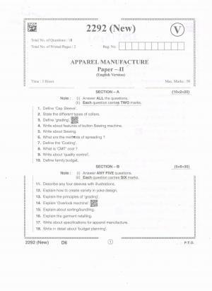 AP Intermediate 2nd Year Vocational Question Paper September-2021- Apparel_Manufacture-II