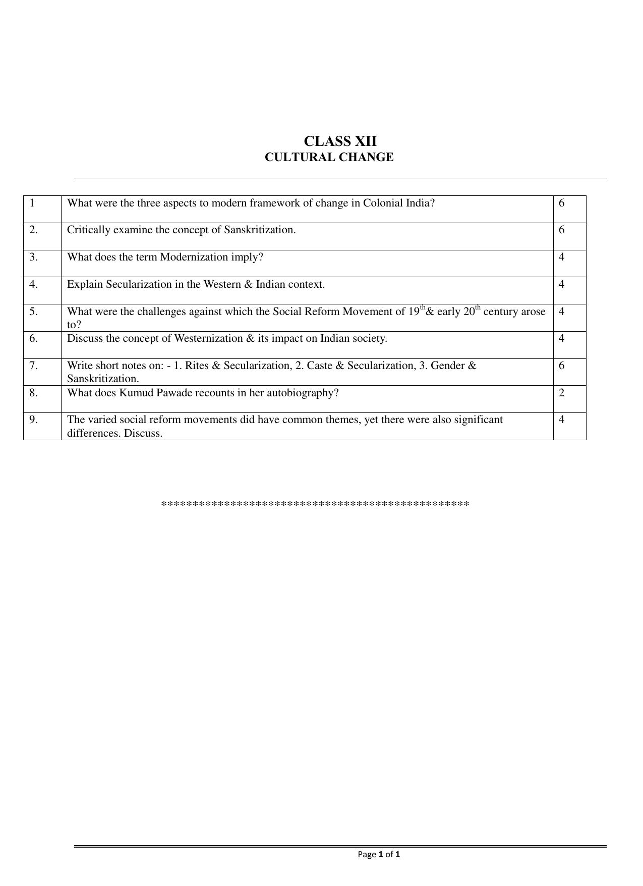 CBSE Class 12 Sociology Cultural Change Worksheets - Page 1