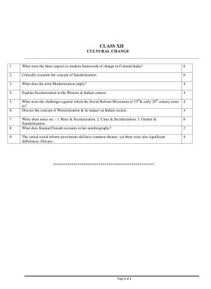 CBSE Class 12 Sociology Cultural Change Worksheets