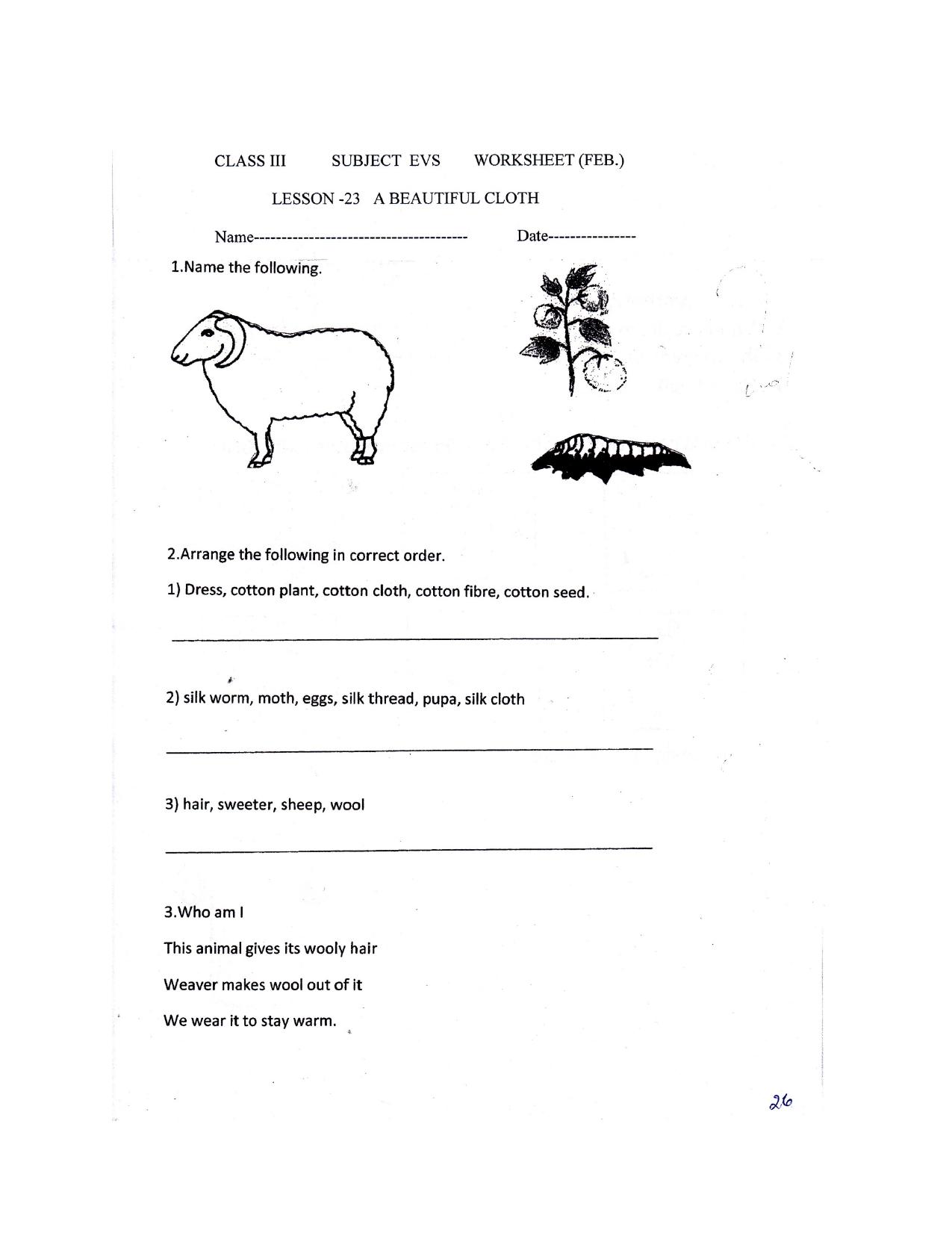 Worksheet for Class 3 EVS Assignment 37 A Beautiful Cloth - Page 1