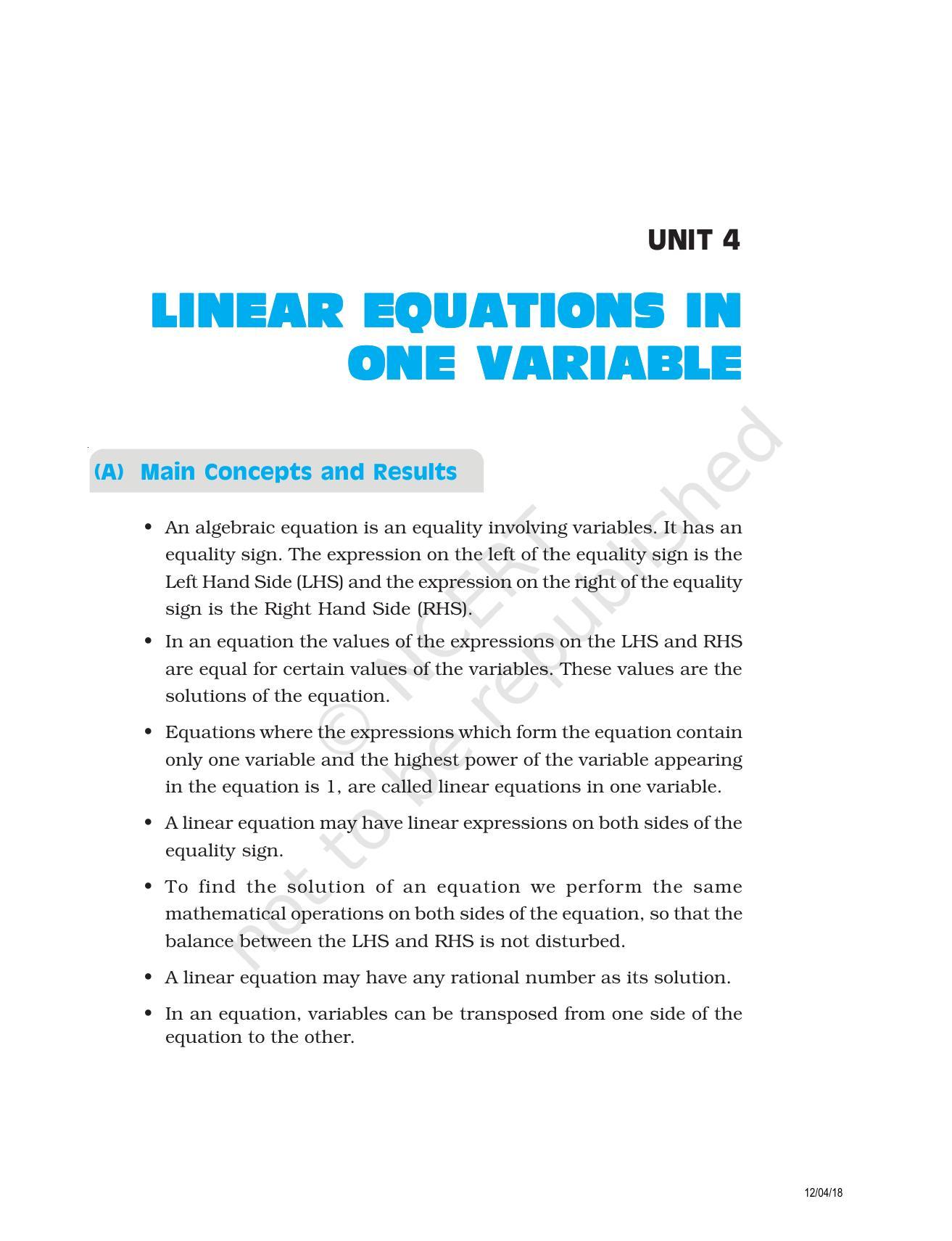 NCERT Exemplar Book for Class 8 Maths: Chapter 4- Linear Equations in One Variable - Page 1