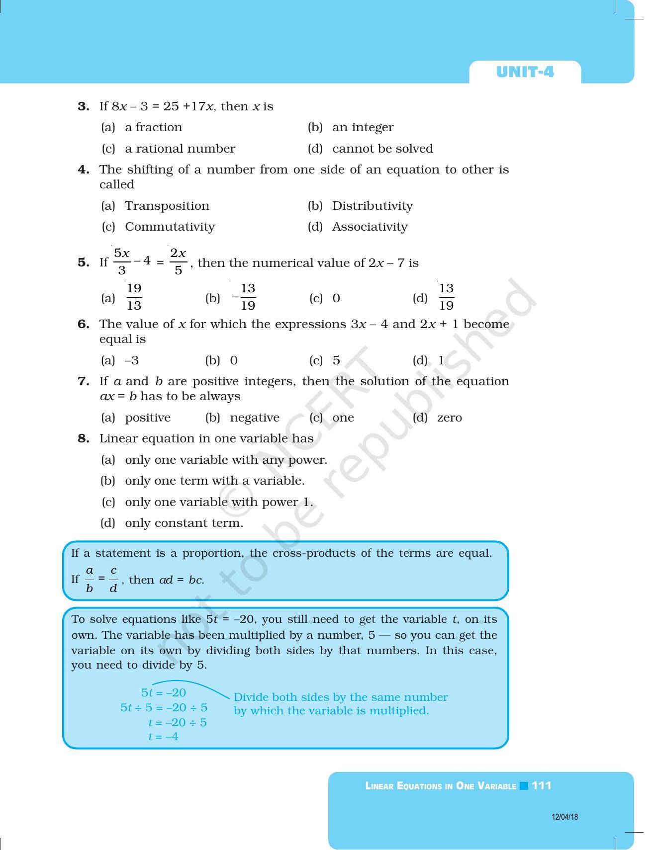 NCERT Exemplar Book for Class 8 Maths: Chapter 4- Linear Equations in One Variable - Page 7