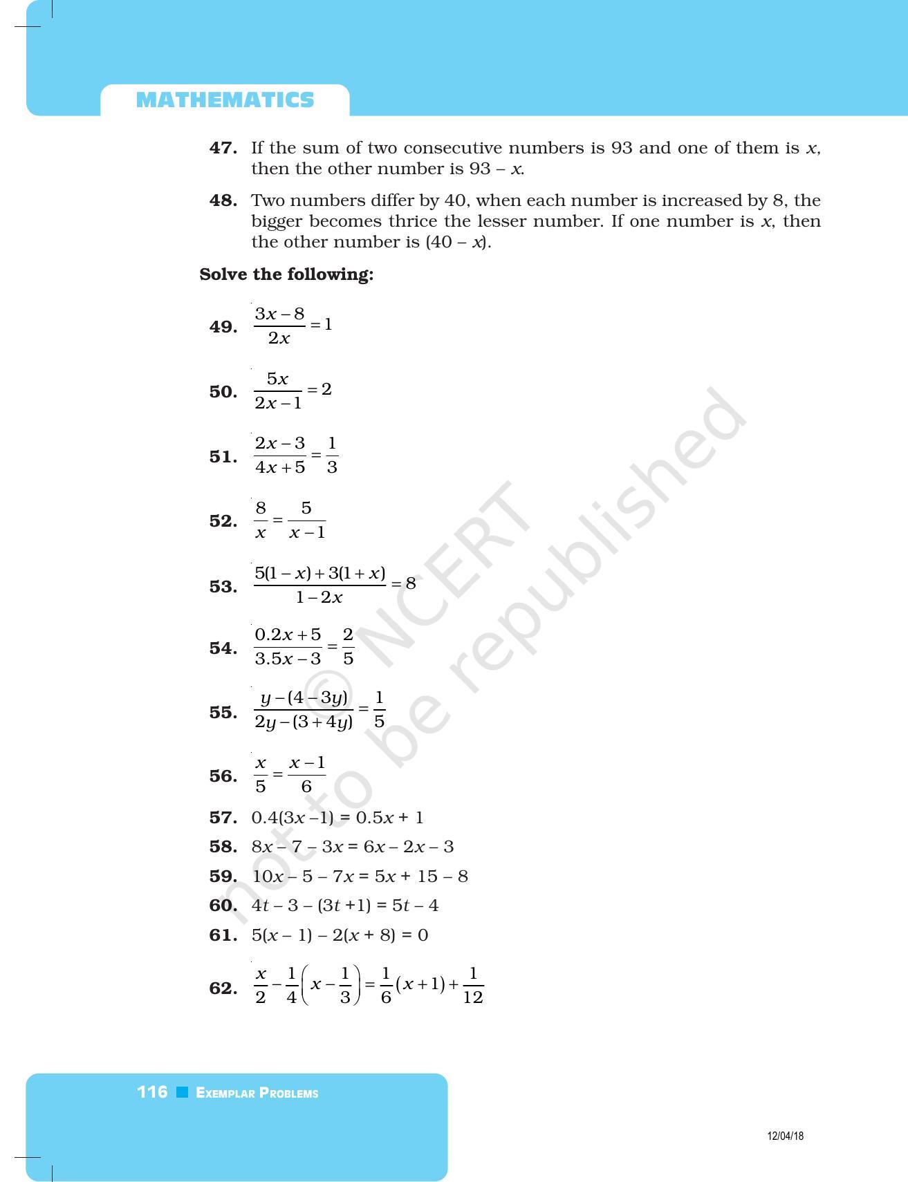 NCERT Exemplar Book for Class 8 Maths: Chapter 4- Linear Equations in One Variable - Page 12